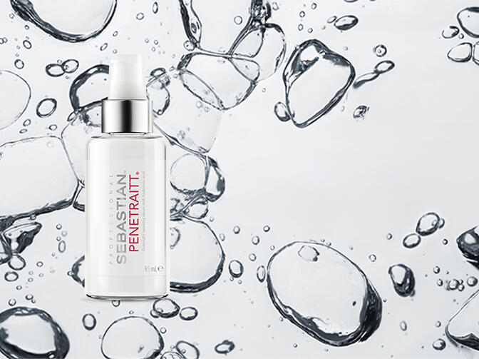 A bottle of Penetraitt Overnight Repairing Serum on bubble texture background.