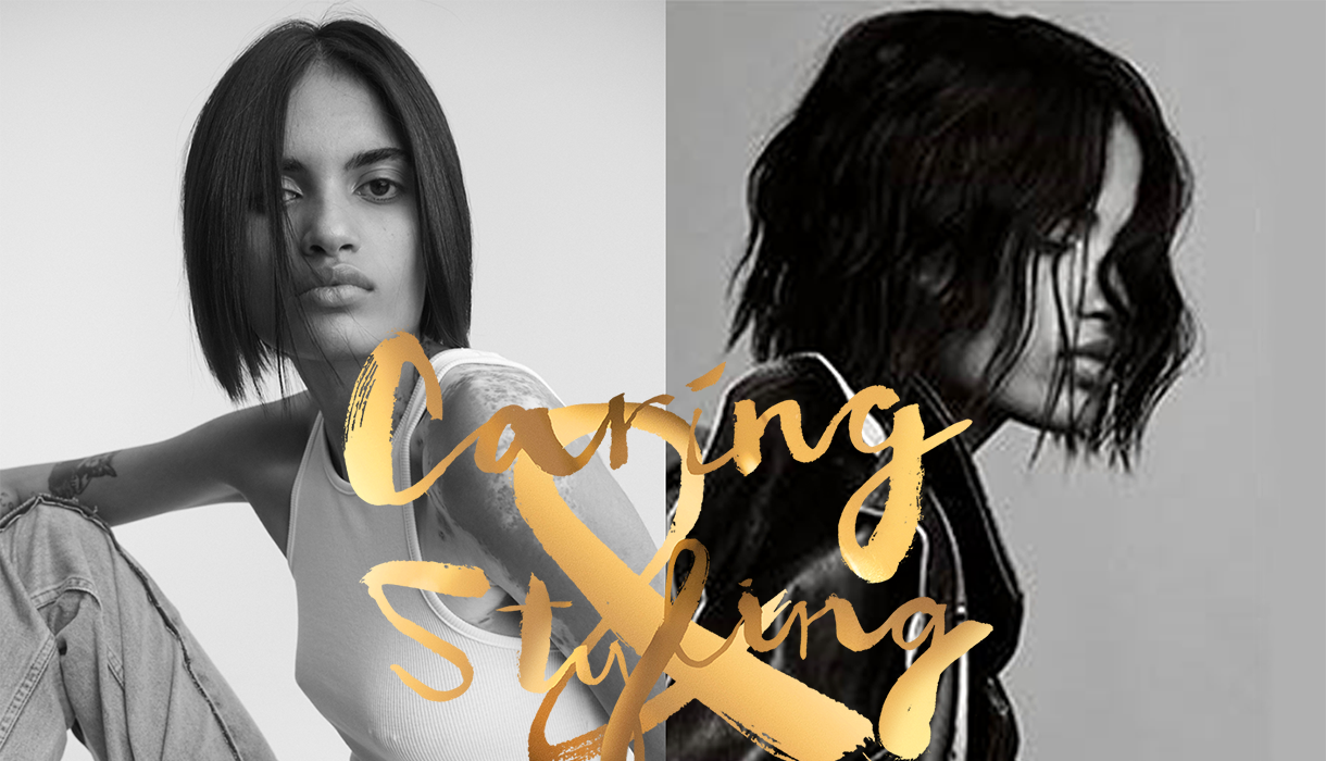 Collage donna mora con un bob corto, look realizzato con Potion 9 di Sebastian Porfessional.