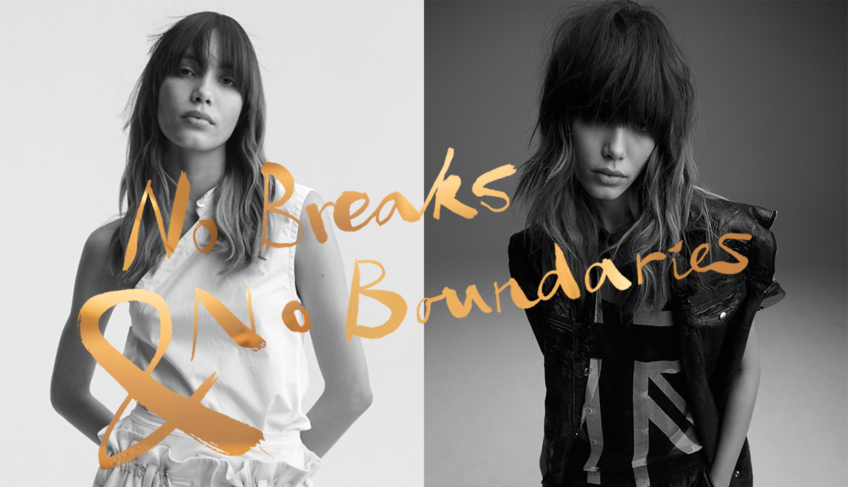 Collage donna mora con un taglio Shag lungo con frangia, look realizzato con No.Breaker di Sebastian Professional