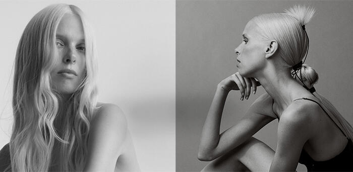 Collage of model with long blonde hair styled and cared with Hybrid products by Sebastian Professional.